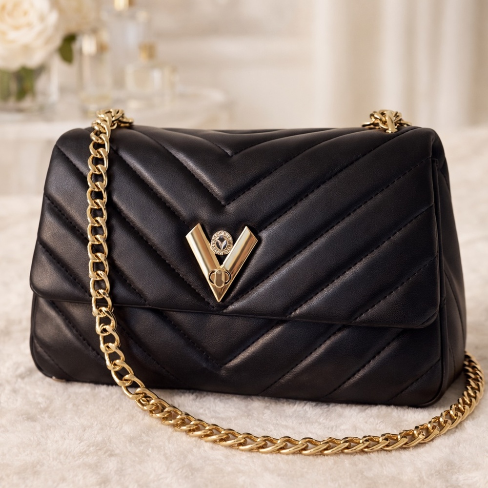 NWT Valentino Orlandi black quilted vegan leather shoulder bag with gold-tone